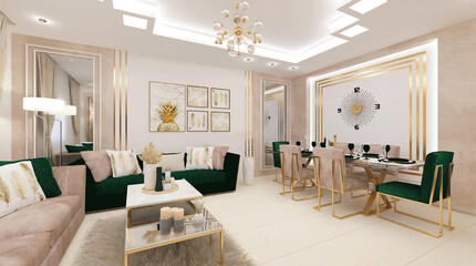 living room with royal chairs and luxury sofa, clock and frames on the wall, eating table