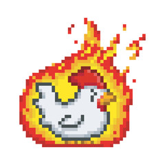 Angry chicken burning in red fire, pixel art meme