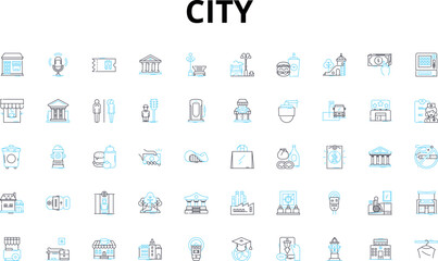 City linear icons set. Skyscrapers, Culture, Cuisine, Diversity, Architecture, Nightlife, History vector symbols and line concept signs. Museums,Parks,Fashion illustration