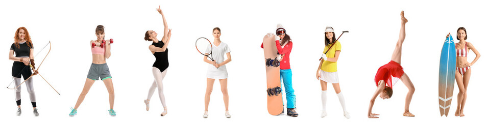 Set of different sporty women on white background