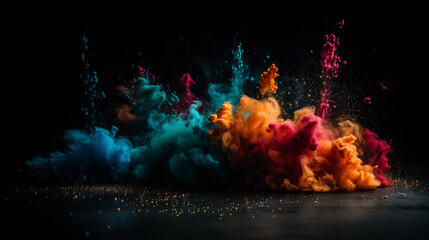 Fototapeta na wymiar Colorful Explosions: A Photorealistic World of Liquid and Paint Splatters, Glitter and Confetti Explosions, with Rainbow Colors, Dust, Smoke, Debris, and Fog, Enhanced by AI-Generative Technology