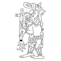 Ancient Mayan monster deity holding a torch. Rain god Chaac. Codex design. Black and white linear silhouette.