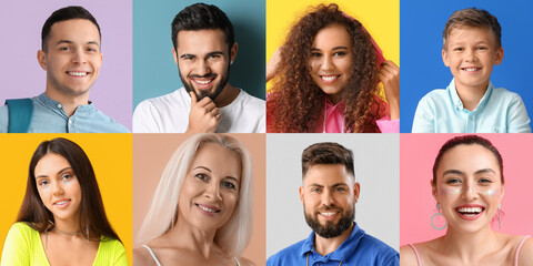Group of positive people on color background