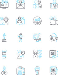 Online games linear icons set. Gaming, Multiplayer, Virtual, Adventure, Strategy, Action, Quest line vector and concept signs. Fantasy,Role-playing,Shooting outline illustrations