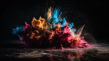 Colorful Explosions: A Photorealistic World of Liquid and Paint Splatters, Glitter and Confetti Explosions, with Rainbow Colors, Dust, Smoke, Debris, and Fog, Enhanced by AI-Generative Technology