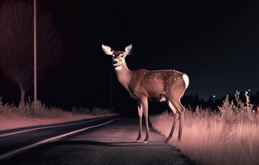 Deer standing in the middle of the road, illuminated by the car headlights. Danger of hitting deer with a car. Generative AI