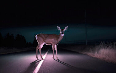 Deer standing in the middle of the road, illuminated by the car headlights. Danger of hitting deer with a car. Generative AI - obrazy, fototapety, plakaty