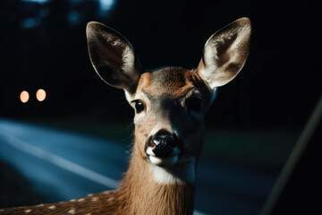 Closeup of a deer in forest with dark background. Generative AI