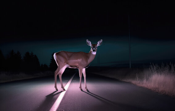 Deer standing in the middle of the road, illuminated by the car headlights. Danger of hitting deer with a car. Generative AI