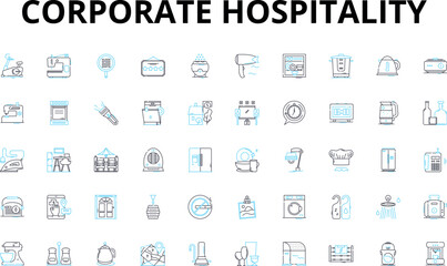 Corporate hospitality linear icons set. Nerking, VIP, Hospitality, Entertainment, Business, Event, Clientele vector symbols and line concept signs. Corporate,Reception,Retreat illustration