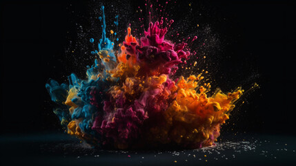 Obraz na płótnie Canvas Colorful Explosions: A Photorealistic World of Liquid and Paint Splatters, Glitter and Confetti Explosions, with Rainbow Colors, Dust, Smoke, Debris, and Fog, Enhanced by AI-Generative Technology