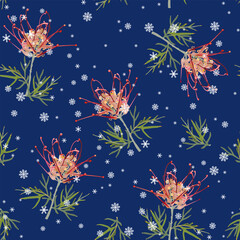 Fototapeta na wymiar Seamless seasonal floral pattern with blooming branches of Grevillea flower and snowflakes. Grevillea banksii. Exotic red blossom. On dark blue background.