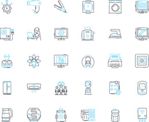 Appliance stock linear icons set. Inventory, Refrigerators, Washers, Dryers, Stoves, Ovens, Dishwashers line vector and concept signs. Freezers,Microwaves,Toasters outline illustrations