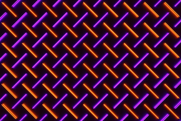 3d illustration of rows of  orange and purple stripes flanking cells. Set of mesh on dark background. Square pattern. Technology geometry  background