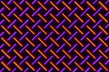 3d illustration of rows of  orange and purple stripes flanking cells. Set of mesh on dark background. Square pattern. Technology geometry  background
