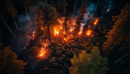 Fototapeta na wymiar Glowing bonfire illuminates dark forest at night generated by AI
