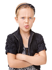 Portrait, tongue out and child with arms crossed in studio unhappy on isolated transparent png...