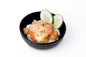 japanese food, rice with fried fish on the white background