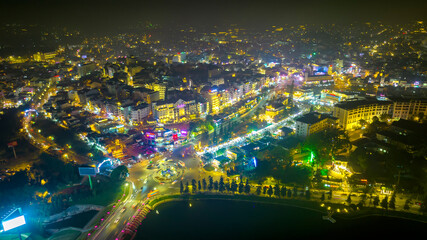 Da Lat city night in Vietnam with urban areas, markets, sparkling hotels, simple transportation system attracts tourists to visit on weekends