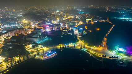 Da Lat city night in Vietnam with urban areas, markets, sparkling hotels, simple transportation system attracts tourists to visit on weekends