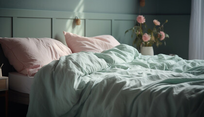 Fototapeta na wymiar Modern luxury bedroom with cozy bedding and elegance generated by AI