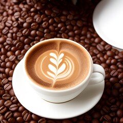 A cappuccino on a saucer surrounded by coffee beans
