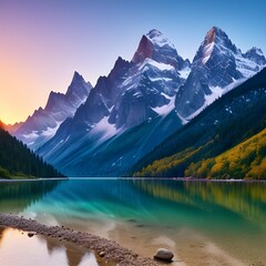 Fototapeta premium A mountain range with a lake in the foreground