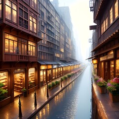 Naklejka premium A river running through a city next to tall buildings