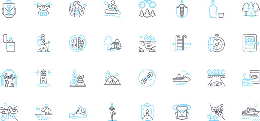 Hospitality linear icons set. Accommodation, Guest, Service, Welcome, Comfort, Reception, Ambience line vector and concept signs. Cleanliness,Amenities,Courtesy outline illustrations