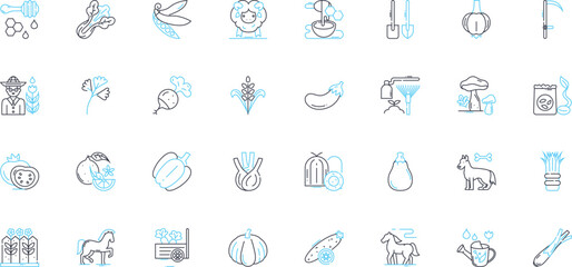 Agricultural engineering linear icons set. Irrigation, Soil, Harvesting, Crop, Tractor, Dairy, Farming line vector and concept signs. Irrigator,Fertilizer,Livestock outline illustrations