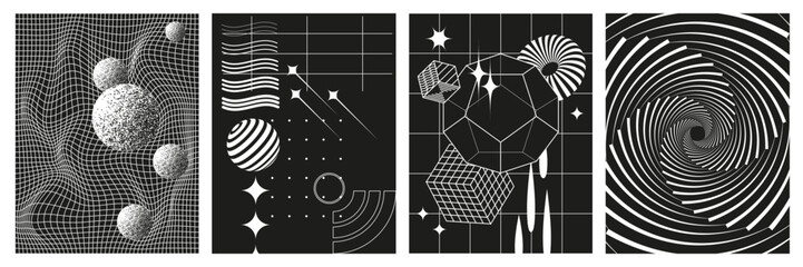 Set of abstract geometric figures contemporary artwork, abstract monochrome set posters, cover, invitation inspired brutalism. Vector illustration with 3d wireframe models, 00s Y2k retro futuristic.	