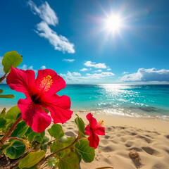 常夏の沖縄、真っ赤なハイビスカスとどこまでも青い海が続くビーチの風景, with Generative AI
