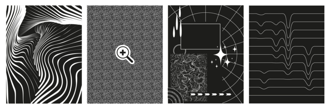 Set of abstract geometric figures contemporary artwork, abstract monochrome set posters, cover, invitation inspired brutalism. Vector illustration with 3d wireframe models, 00s Y2k retro futuristic.	