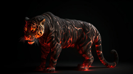 A tiger made with obsidian and magma, glowing eyes.