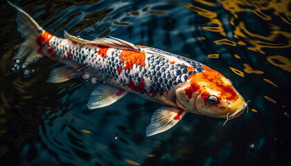 Obraz na płótnie Canvas Top view and close up of colorful koi fish in clear water