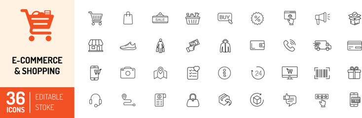 E-commerce & Shopping thin line icons set. Online shopping, Money, Shop, Payment and delivery. Editable stroke icons. Vector Illustration.