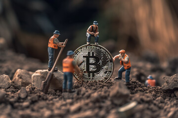 Miniature people miner working with bitcoin coin. Digital currency and mining concept. Generative AI