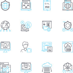 Virtual intelligence linear icons set. Automation, Algorithms, Machine learning, Robotics, Neural nerks, Prediction, Augmentation line vector and concept signs. Intelligence,Precision,Efficiency