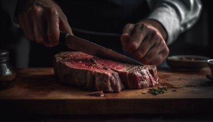 Grilled steak sliced by hand on wood generated by AI