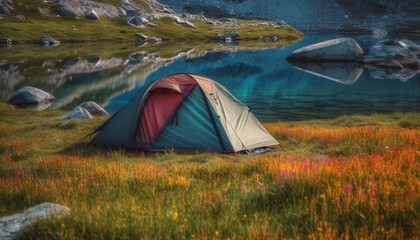 Tranquil scene, mountain peak, dome tent, relaxation generated by AI