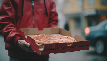One man delivering fresh pizza to city customers generated by AI