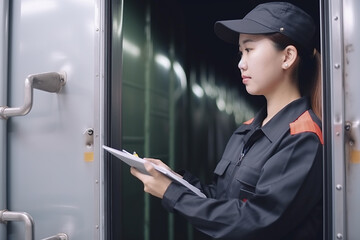asian woman worker in uniform writing on clipboard in the elevator door, Generative AI