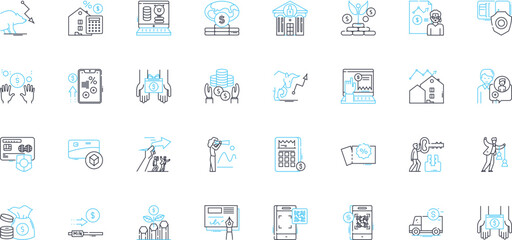 Remote banking linear icons set. Online, Mobile, Digital, E-banking, Automated, Virtual, Paperless line vector and concept signs. Contactless,Electronic,Secure outline illustrations