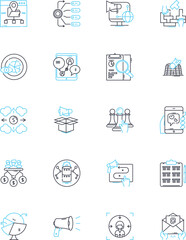 Content optimization linear icons set. Keywords, SEO, Strategy, Research, Rank, Audience, Relevance line vector and concept signs. Content,Quality,Performance outline illustrations
