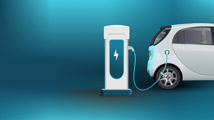 Electric car charging background. Electronic vehicle power dock. Hatchback EV Plugin station. Fuel recharge cells. Neon blue colour vector illustration.