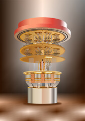 Quantum computer illustration. Q-bit processor. Probabilistic or nondeterministic computers. Gold colour vector drawing.