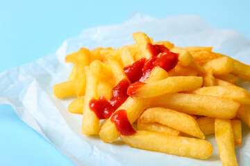 Baking paper with tasty french fries and ketchup on color background, closeup
