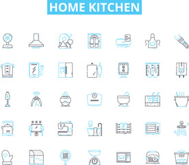 Home kitchen linear icons set. Cooking, Baking, Appliances, Utensils, Pantry, Countertops, Cabinets line vector and concept signs. Sink,Dishwasher,Refrigerator outline illustrations