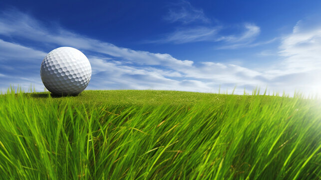 golf ball on green grass over a blue sky