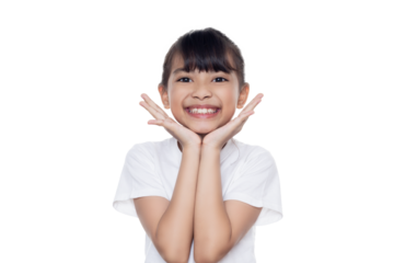 Young Asian girl smiling happily and both hands clasping her chin. People and positive emotions concept.